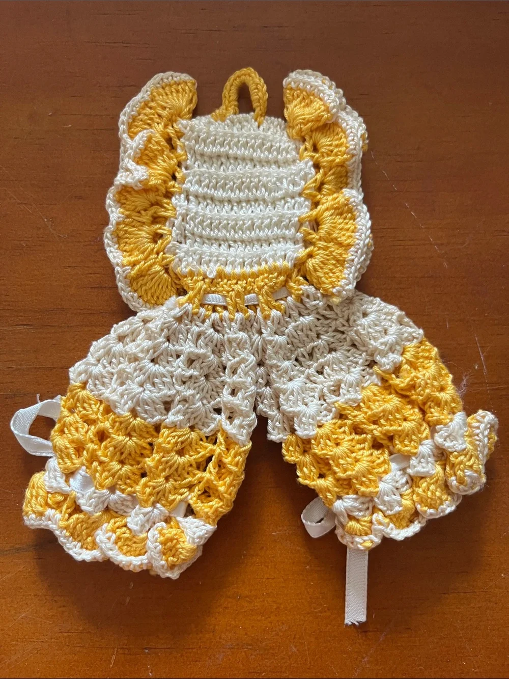 Vintage Handmade Yellow Gold & White Crochet Doll Dress & Romper Potholders
